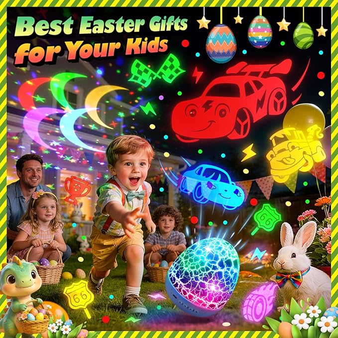 Toy Cars Projector Egg Shaped | 6HD Films+15 Sounds+31 Colors+Remote Control+360°Rotating | Egg Light for Nursery Toy Cars for Toddlers 1-3 Toys for Boys age 4-7 Toddler Boy Birthday Gifts 1-8 Years