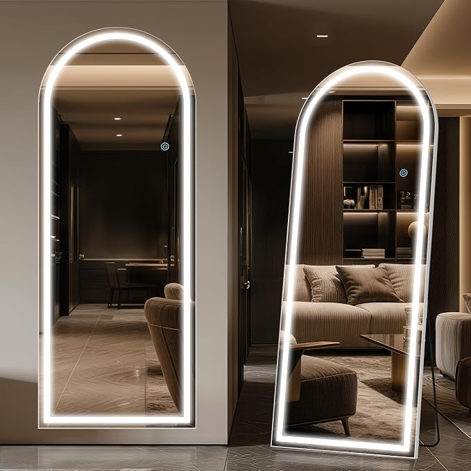 Antok LED Full Length Mirror with Light, 56"x20" Lighted Full Body Mirror with Stand, Dimmable & 3 Color Lighting Standing/Leaning/Wall Mounted Vanity Mirror for Bedroom Cloakroom Livingroom(Arched)