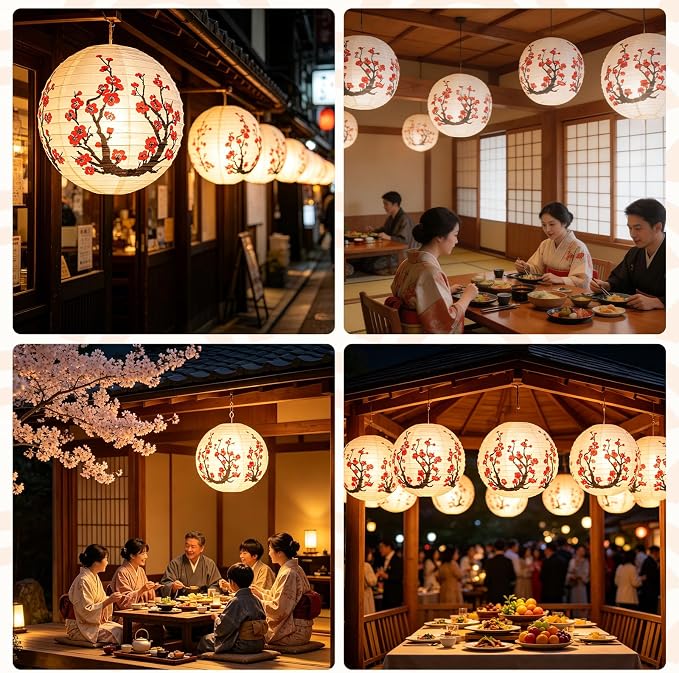 6 Pcs White Paper Lanterns Decorative 10x12 Inch, ZUEXT Cherry Blossom Hanging Round Chinese/Japanese Lantern for Festival Theme Birthday Party Wedding Home Yard Japanese Eateries Decor Oriental Style