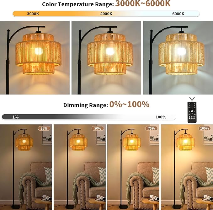 ILLMTW Rattan Floor Lamp for Living Room Bedroom Boho Arc Standing Lamp with Remote Dimmable Black Farmhouse Wicker Bamboo Lamp Shade Floor Light Tall Lamp Industrial Floor Lamps Bohemian Decor