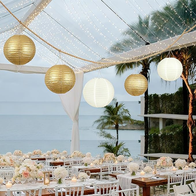 20Pcs Paper Lanterns Decorative, Gold and Ivory 6"8"10" for Home Decor | Round Hanging Paper Lanterns Decorations for Rustic Party Bridal Shower Wedding Engagement Birthday Classroom Ceiling Decor