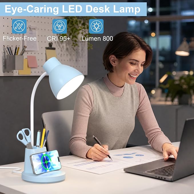 10W Wireless Charging LED Desk Lamp with Pen Holder, CRI 95, Blue | 800LM, 3 Modes, 360°Flexible Arm, Touch, Brightness, Table Lamp for Home Office, Dorm, Bedside, Study, Reading, with Adapter