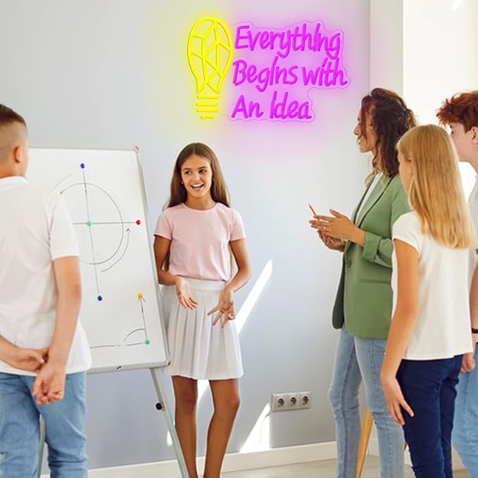 LISIGNVE Inspirational Light Bulb Neon Sign Everything Begins With An Idea LED Neon Light Wall Art for Classroom Creative Room Office Bedroom Cafe Motivational Gift for Student Entrepreneurs Writers Artists