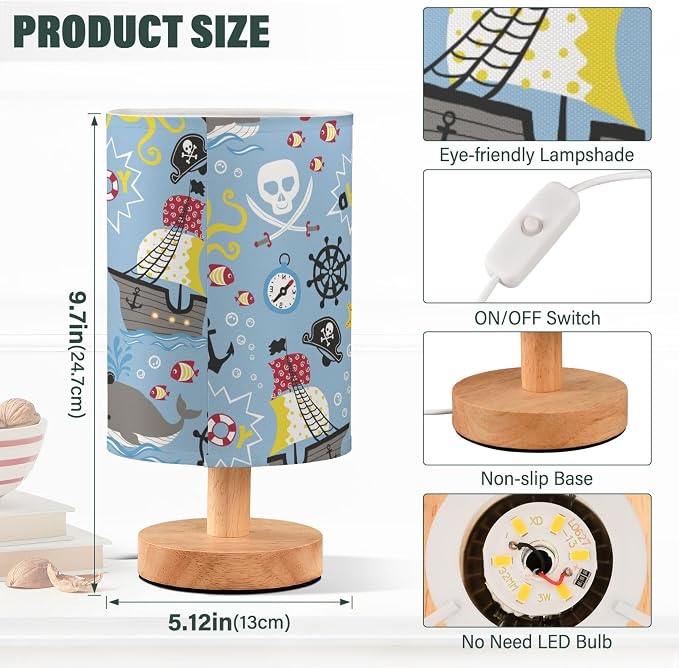 Table Lamp Pirate Marine Animal Octopus Whale Fish Nautical Skull Nightstand Lamp with Wood Base Fabric Lamp Shade Bedside Desk Lamp for Living Room Bedroom Kids Room Office