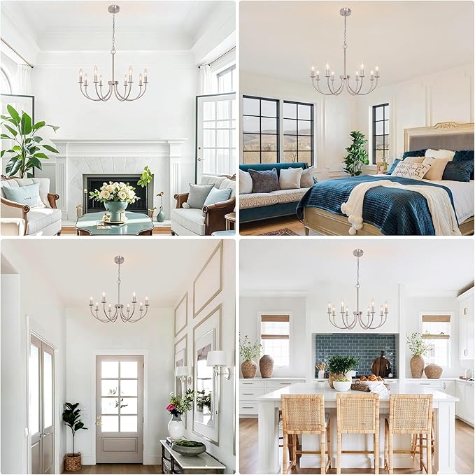 8-Light Farmhouse Chandelier, Brushed Nickel Dining Room Light Fixtures, Industrial Modern Candle Chandeliers for Living Room, Bedroom, Foyer, Kitchen, Entryway