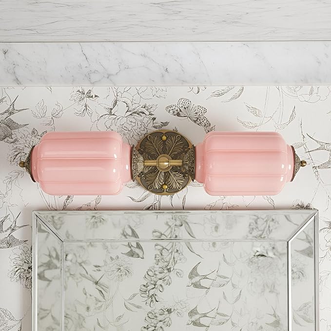 Vintage Vanity Light - 2-Light Wall Sconce with Brass Finish Base & Green Glass Shade - Wall Sconce Lighting for Mirror, Kitchen, Living Room, Gallery (Bulbs Included) (Pink)
