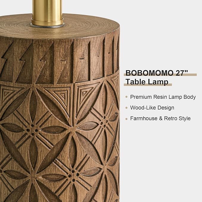 BOBOMOMO 27" Tall Table Lamps Set of 2, Modern Farmhouse Geometric Bedside Lamps, Rustic Wood Grain Resin Nightstand Lamps for Living Room, Bedroom, Entryway, Linen Shade, Cottage Home Decor