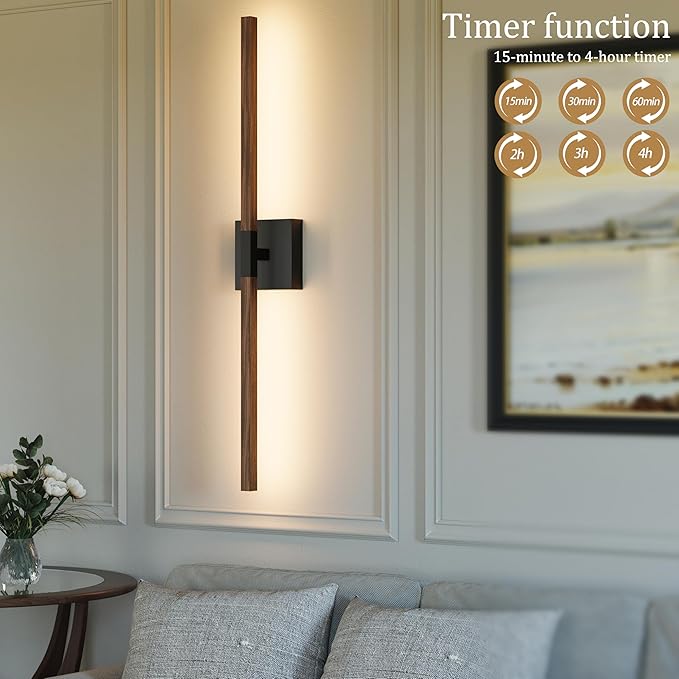 Rayogale Black Walnut Rechargeable Wall Sconce with Remote Control 40 Inch | 3000/4500/6000K Dimmable 8000mAh Wireless Battery Operated Wall Sconces Set of Two with Timer for Living Room, Bedroom, TV