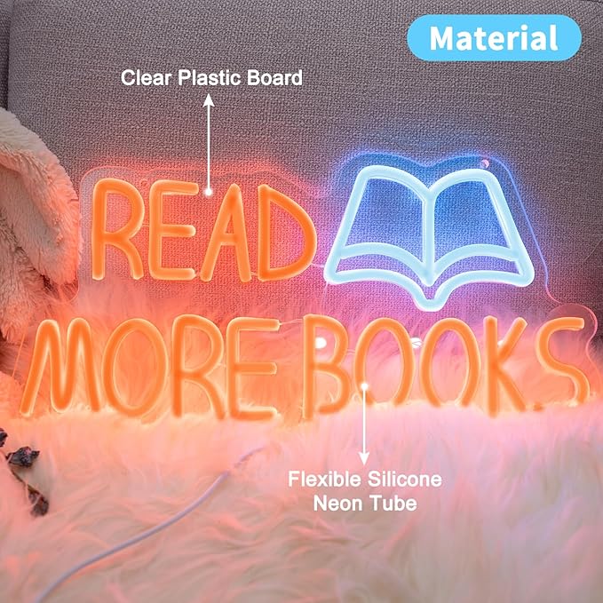 Read More Books Neon Signs for Wall Decor, Dimmable Book Classroom Neon Sign, Reading Book Club School Library Wall Decor, Book Lover Christmas Gifts for Teen Boys Girls 16.54 x 7.87 inch
