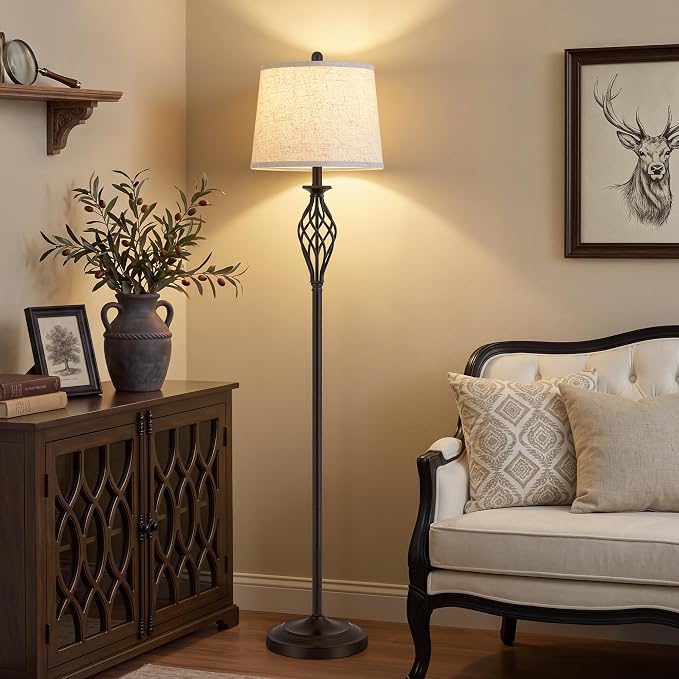 EJIAXIN Floor Lamps for Living Room - 62" Farmhouse Vintage Standing Lamp for Bedroom with Adjustable Color Temperatures,Brown Tall Lamp with Linen Shade,Reading Light for Home Office,Bulb Included