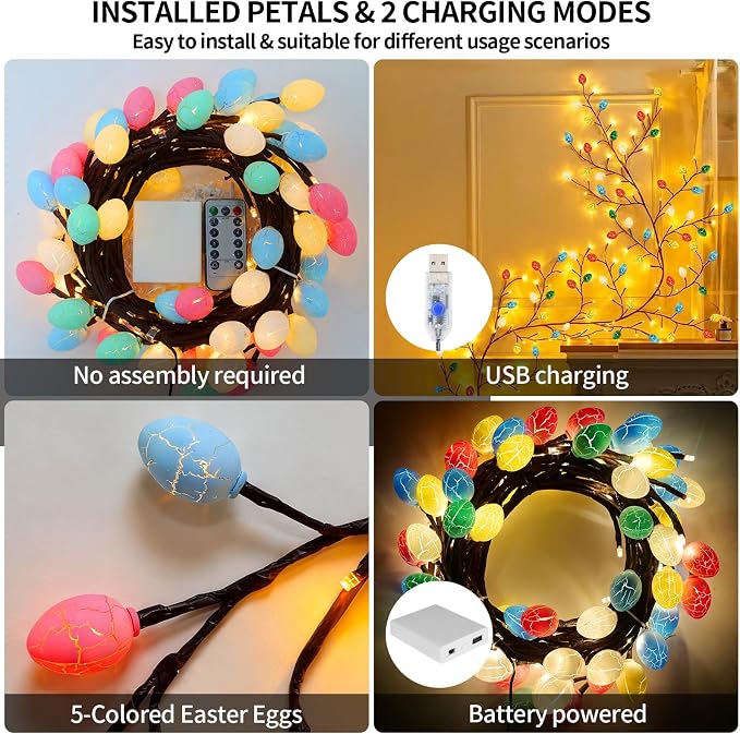 7.5FT 144LED Easter Egg Tree Branch Lights for Wall Decor, USB Battery Box | USB Easter Egg Enchanted Tree Branch Lights for Easter Wall Decor with Remote Timer,8 Light Model USB Battery Box
