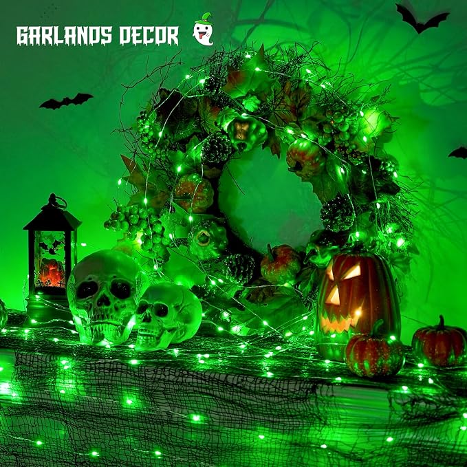 JMEXSUSS 2 Pack Green Halloween Fairy Lights Battery Operated with Remote | Total 200 LED 66ft Twinkle String Lights, 8 Modes, Waterproof, Halloween Lights for Wreath Mantle Tree Indoor Outdoor Decor