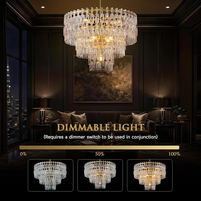 36'' W Round Crystal Chain Chandelier 9-Light E26 Modern Pendant Light, Burnished Brass Finish with 350+ Crystal Links, 79 Inch Adjustable Hanging Rod, For Foyer, Dining Room, Living Room, Gold