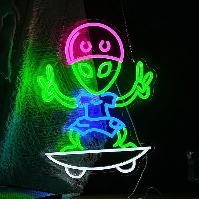 Skateboarding Aliens Neon Sign Aliens Led Neon Light for Wall Decor USB Cool Aliens Light Sign for Game Room Bedroom Man Cave Art Wall Decor(16.5”*12.6”)