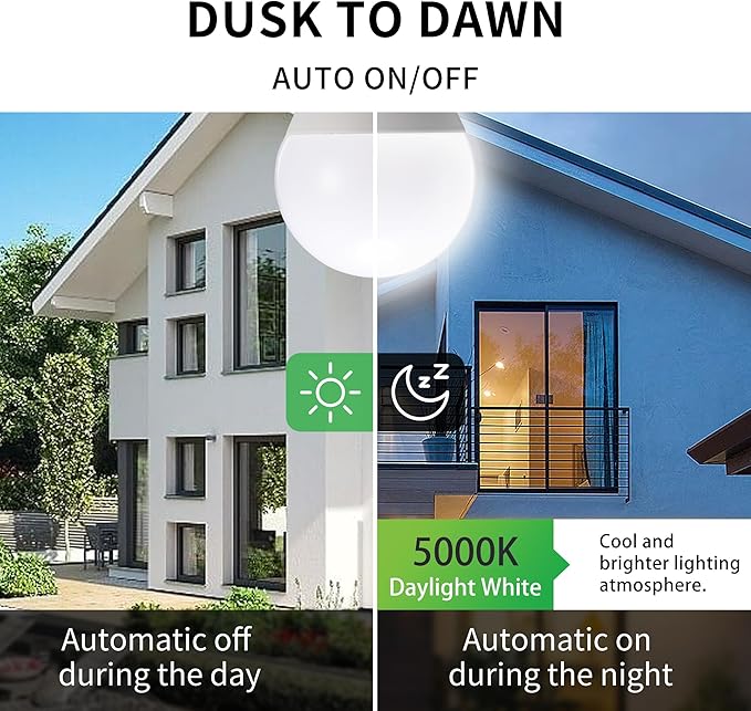 Dusk to Dawn Light Bulbs, Auto On/Off Light Sensing LED Bulbs Outdoor, Daylight, Dimmable, 12W 1000LM 75W Equivalent, HQ-H029