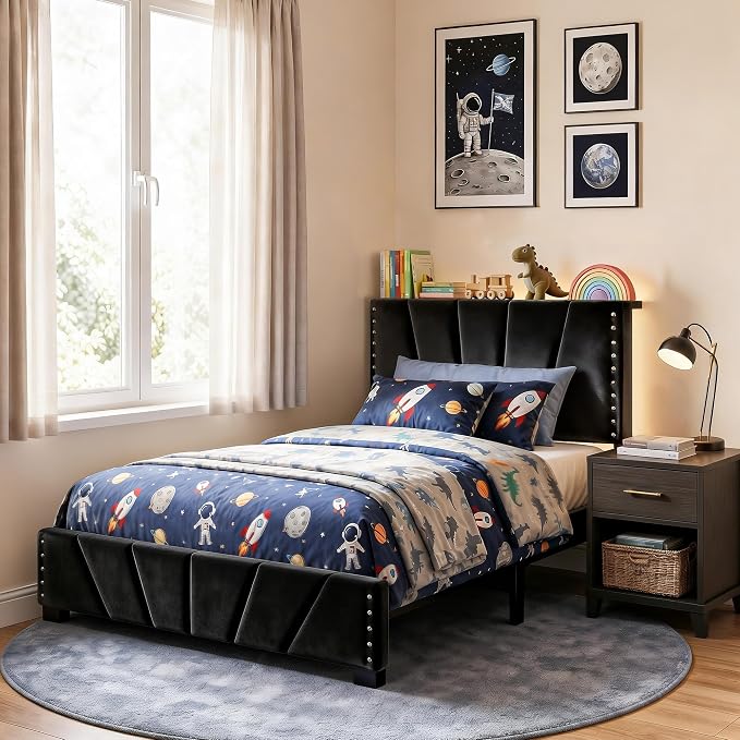 EnHomee Twin Bed Frame with LED Lights & USB, Noise-Free, Black | Adjustable Velvet Headboard，Under-Bed Storage，Heavy Duty Support with 12 Slats，No Box Spring Needed，Easy Assembly for Bedroom