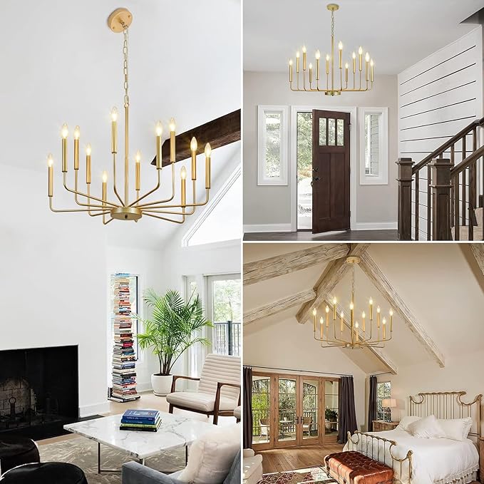 Gold Farmhouse Chandelier, Industrial Metal 12-Light Candle Chandeliers, Rustic Pendant Lighting for Kitchen Island, Dining Room, Living Room, Staircase