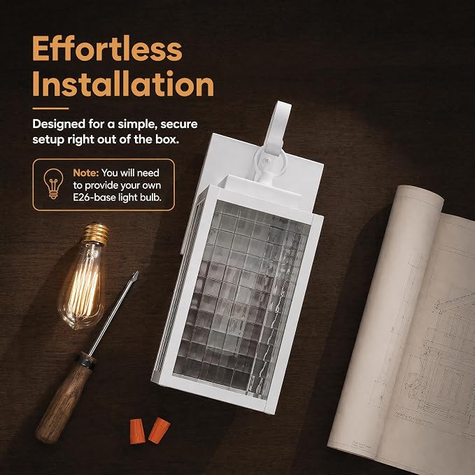 11.8-Inch Dusk to Dawn Outdoor wall Light, Simple White Porch Light | All-Metal Frame, Rust-Resistant Outdoor Lighting Fixture, Checkered Tempered Glass,Easy to Install