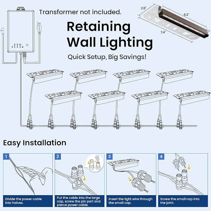 Retaining Wall Lights, Low Voltage Landscape Outdoor Step Lighting 12 Pack | 7 Inch LED Hardscape Lighting Waterproof, 12V Low Voltage Landscape Outdoor Lights for Patio Stairs Deck 2700K, 270° Rotate