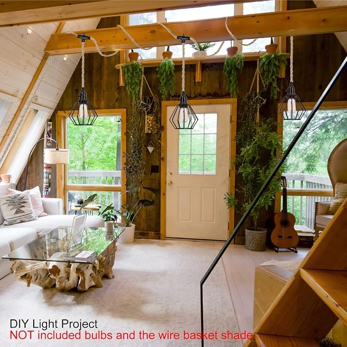 3 Light Plug in Pendant Lights Cord Hanging Lamp Kit | 22 Ft Long Hemp Rope Farmhouse Pndant Light Cord Lighting Fixture Kits DIY Hanging Light
