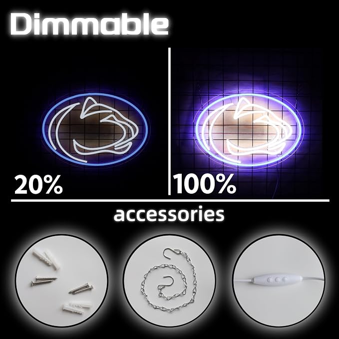 Pen State Neon Sign for Room Decor Neon Light LED Team Sign Sports Neon Sign for Man Cave Wall Decor University Dormitory Decoration USB Powered Dimmable 15.2"*10.8"