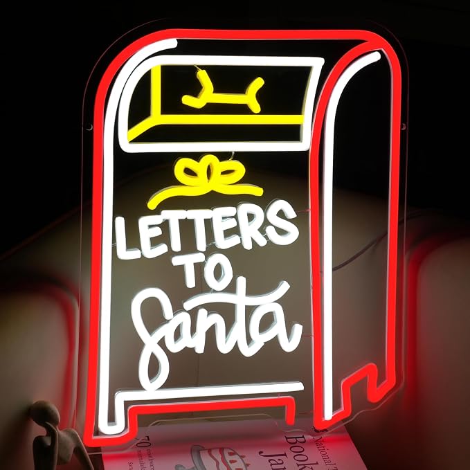GNVETZLL Letters to Santa Neon Sign Christmas Letter Box Light up Sign Santa Neon Light Sign for Christmas Party Bedroom New Year Bar Wall Decorations(15.75 * 12.6In)