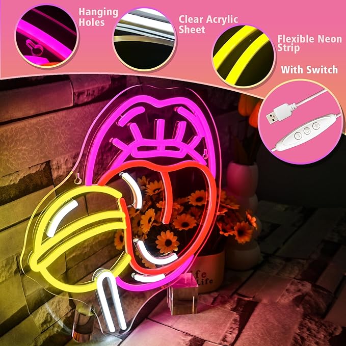 Tongue Candy Neon Sign for Wall Decor,Neon Light for Candy Shop Man Cave Bedroom Party Wedding Lollipop Store Decorations