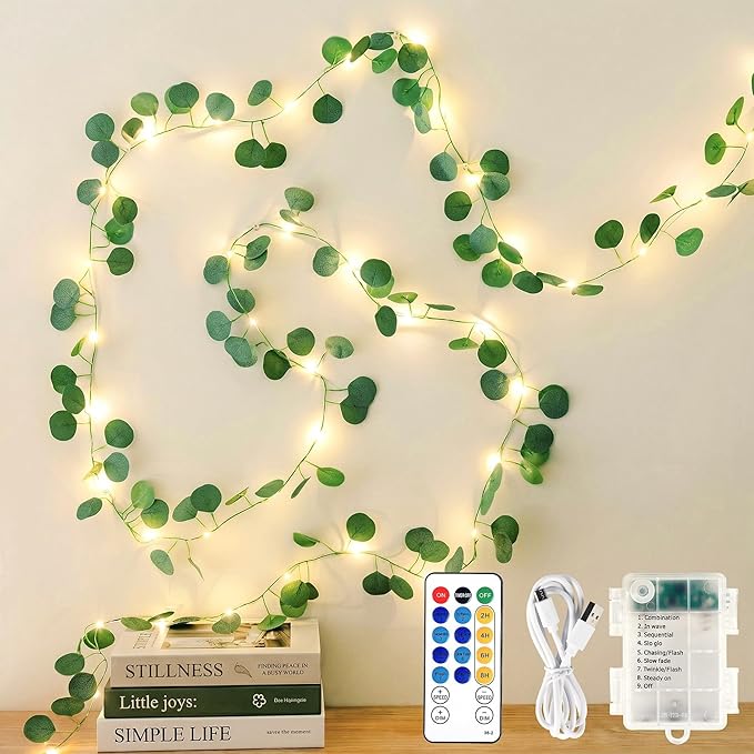 HEYFUNi 13FT Eucalyptus Garland with Lights & Remote， USB & Battery | 40 Warm White LEDs, Fake Eucalyptus Vine with Fairy Lights, Timer, 8 Modes, Dimmable For Bedroom Wall, Dorm, Wedding Decor