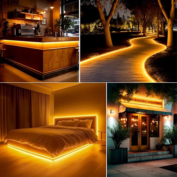 GZBtech Flexible LED Neon Rope Lights 50FT,AC 110-120V Waterproof Strip Light, 120 LEDs/M Cuttable Connectable Neon Lighting for Indoor Outdoor Home Decor/Commercial Building Use-Amber 15M, ETL Listed