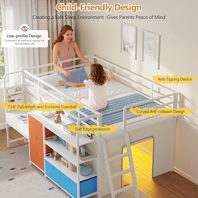 DICTAC Low Loft Bed with Desk and 6 Storage Drawers Twin Loft Bed with Bookshelf,LED Lights & Under-Bed Play Space,Kids Twin Beds with 13.8''H Safety Guardrail,Inclined Ladder & Play Curtain,Colorful