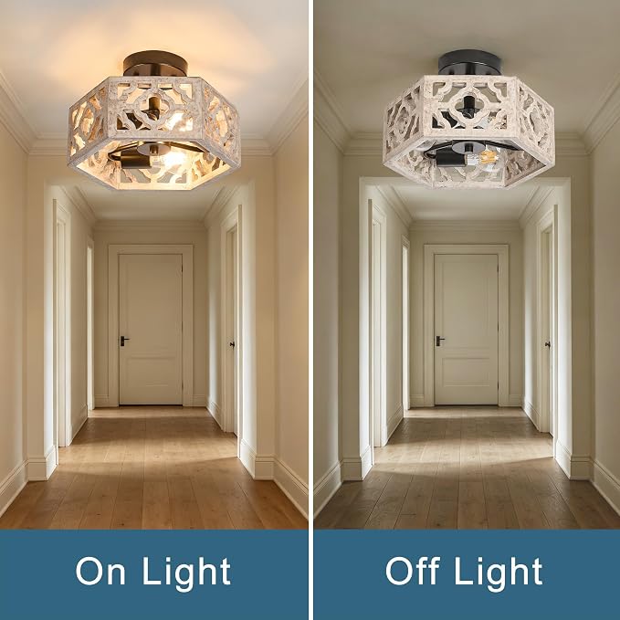 Tarentlight Farmhouse Semi Flush Mount Ceiling Light, Distressed Wood 3-E26 Rustic Boho Close to Ceiling Light Fixture for Kitchen Bedroom Hallway Dining Entryway Livingroom Fixture,No Bulb.