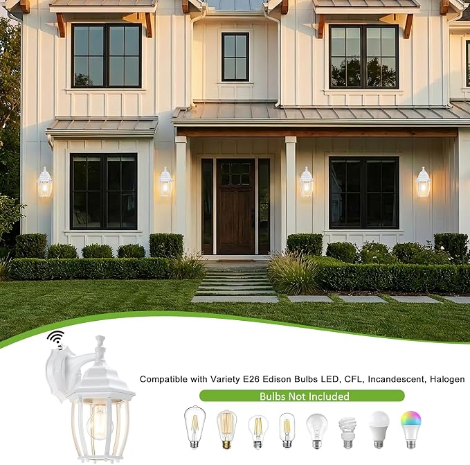 Outdoor Wall Light Fixture, Rustproof Aluminum, Glass | Dusk to Dawn Large Exterior Porch Light Wall Sconce Lantern for House, Patio, Garage, Waterproof, E26 Socket 60W Max, White