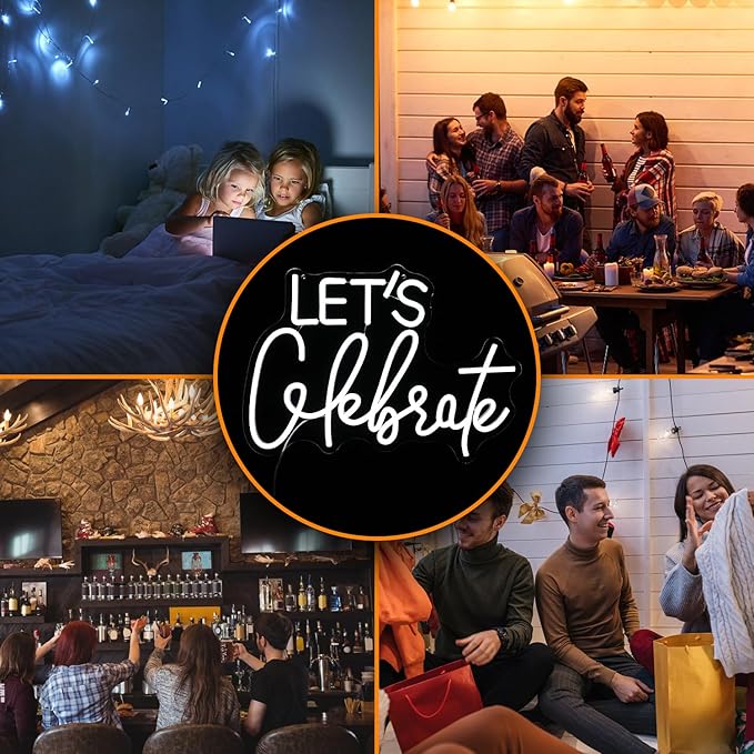 Let's Celebrate Neon Sign Dimmable White Neon Light Let's Celebrate Neon Signs for Wall Decor Powered by USB Words LED Lights for Bedroom Party Thanksgiving(16.5"x11.8")