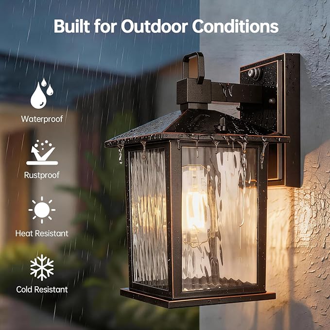 Dusk to Dawn Porch Light, Oil-Rubbed Bronze Outdoor Light Fixture | 2-Pack Outdoor Wall Light with Water Ripple Glass, Hardwired Aluminum Outside Wall Lantern, E26 Socket, Bulb Not Included