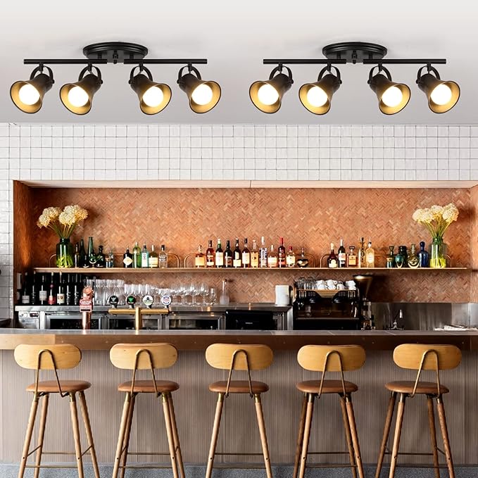 SEEBLEN 4-Light Track Lighting Kit, Directional Ceiling Light, Industrial Black Kitchen Track Lighting Fixtures Ceiling for Kitchen, Living Room, Dining Room, Hallway.