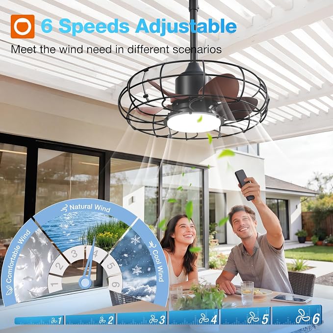 addlon 20" Outdoor Ceiling Fan with Light for Patio, IP65 Plug in Caged Fan | Waterproof, Hanging Hook, Reversible DC Motor, 6 Speeds, Remote Control, Quiet Operation, Timer, for Gazebo, Patio, Porch