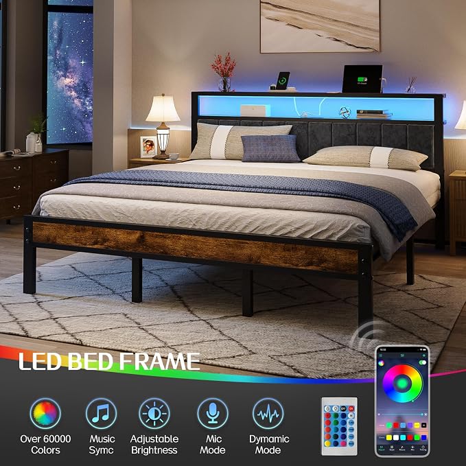 Liians King Size Bed Frame with LED Lights, Upholstered Headboard | Platform Bed with 2-Tier Storage Shelves, Charging Station, Noise Free, No Box Spring Needed, Easy Assemably