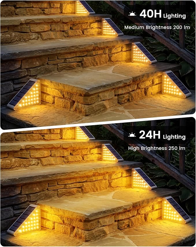 Outdoor Step Lights, Upgraded 28 LEDs 2 Brightness Modes, IP67 Waterproof Solar Stair Lights for Outside Steps, 1200mAh Battery Long Runtime Warm White for Patio Deck Yard Porch, 6 Pack