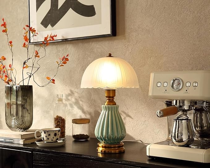 Glivpny 16" Vintage Ceramic Table Lamp forBedroom,Mushroom Lamps(LD004) | Mid Century Modern Ceramic Lamps for Living Room,Retro Bedside Glass Lamps, Classic Chinoiserie Green Lamp for Home Decor