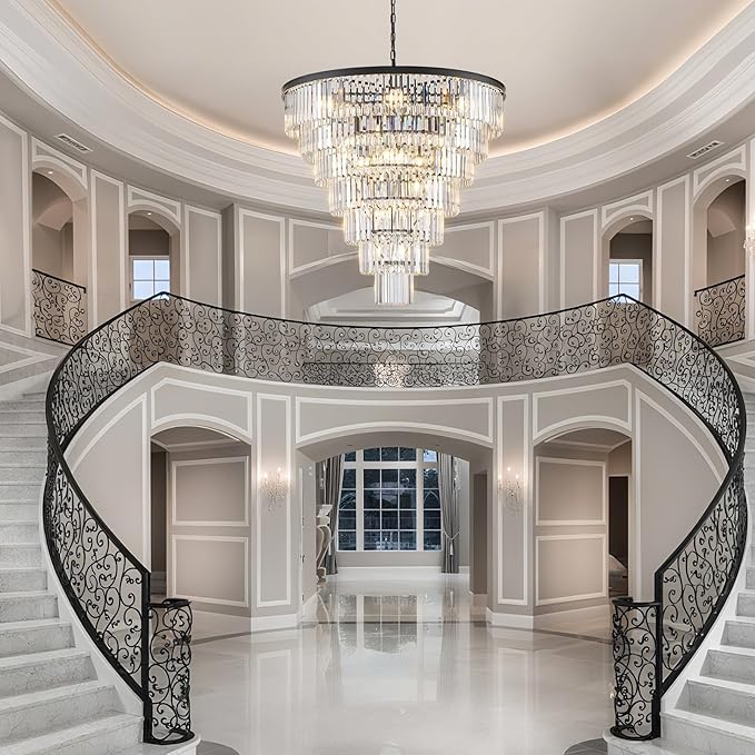 Large Black Crystal Chandelier 36" Round Chandeliers for Staircase Modern 22 Lights 7-Tier Luxury K9 Crystal Ceiling Pendant Lighting Fixture for High Ceiling Living Room Foyer