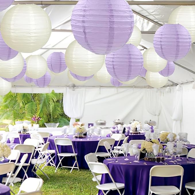 20Pcs Paper Lanterns, Purple and Ivory Round Hanging Lanterns for Wedding | 6"8"10" Round Paper Lanterns Decorations for Engagement Rustic Party Bridal Shower Birthday Baby Shower Home Classroom Decor
