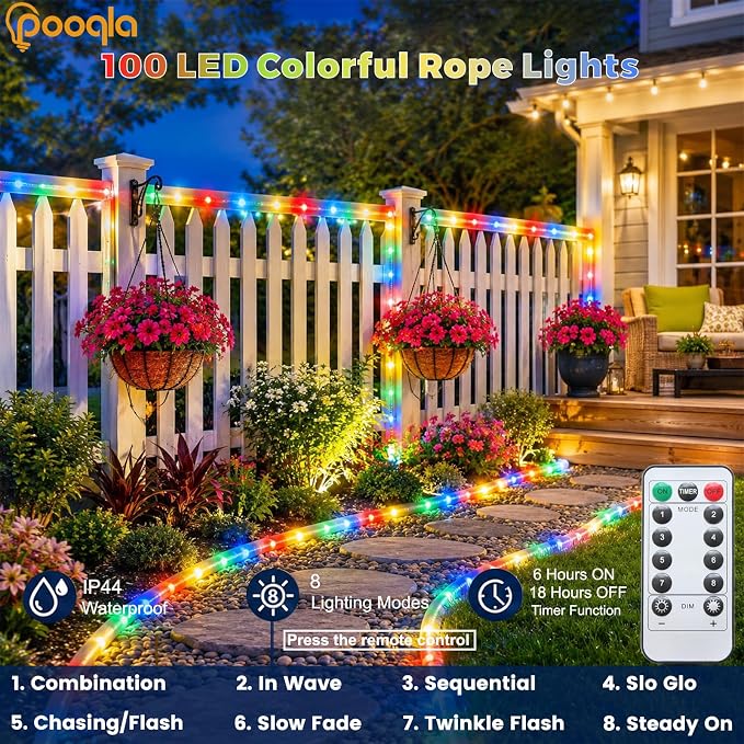 Rope Lights Outdoor, 2 x 100LED Colorful Battery String Lights | Rope Lights Outdoor with 8 Modes Remote&Timer, Waterproof Battery Operated Camping Lights for Car Trampoline