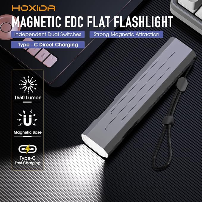 2pack Rechargeable EDC Flashlight - Emergency One Click Strobe Mode, 1600 High Lumens Portable Pocket light Mini Flashlight , Magnetic Small EDC Slim Flat Flashlight for Working Camping Repairing Grey