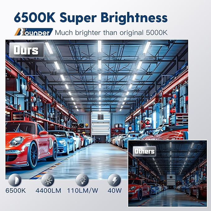 Bbounder 10 Pack Linkable LED Utility Shop Light, 4400 LM, 6500K Cool Daylight, 4 FT Integrated Fixture for Garage, 40W Equivalent 250W, Surface + Suspension Mount, Black