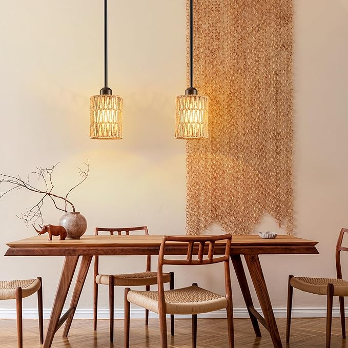 Pendant Light Boho Hanging Lamp - Rattan & Linen 2-in-1 Shade, Adjustable Hanging Lights Fixture for Kitchen Island, Dining Room, Farmhouse, Bedroom (1 Pack)