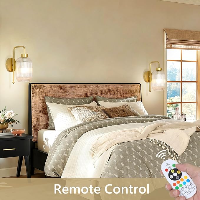 Vintage Battery Operated Wall Sconces Set of 2, Wireless Wall Lights with Remote and Color Temperature Bulb, Gold Cordless Rechargeable Wall Lamps with Clear Glass Shade for Bedroom Living Room