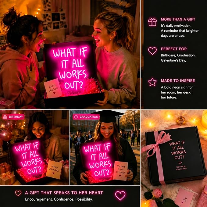 Neon Sign, Neon Signs for Wall Decor LED Signs Neon Light | What If It All Works Out Neon Sign, Pink Motivational LED Light for Home, Office, Room, Pink Decor, Gift, USB Powered