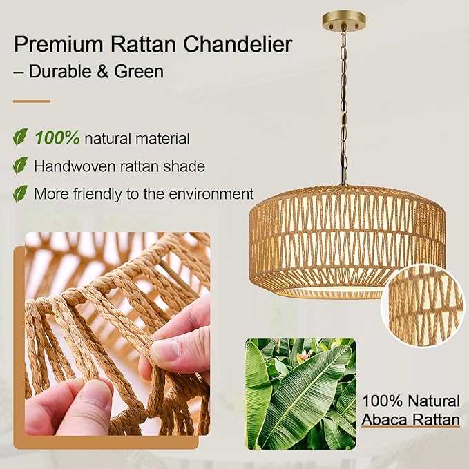 Farmhouse Chandelier Light Fixture, 5-Light Rattan Boho Chandeliers for Dining Room, Hand Woven Pendant Light with Linen Shade, Rustic Hanging Lighting for Kitchen Island, Bedroom (Bulb Not Included)
