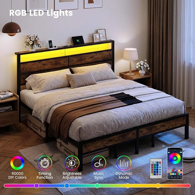 King Size Bed Frame with LED Lights and Charging Station | Brown Metal Platform Bed, Wood Headboard, Sturdy Slats, No Box Spring Needed, Noise Free, Easy Assembly