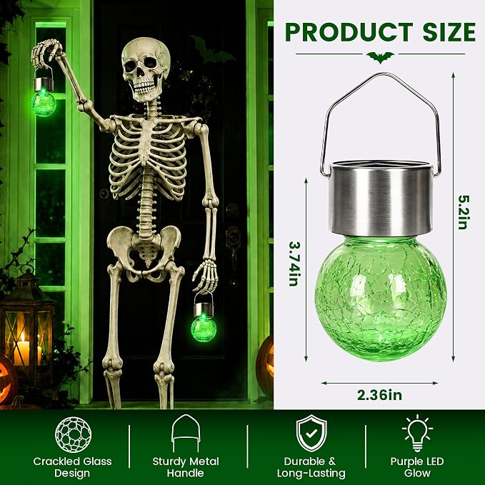 GIGALUMI Halloween Solar Lights Outdoor Solar Hanging Lanterns Outside 12PC | Green, Halloween, Solar Powered, Waterproof, Decorative, Crackle Glass, Graden&Tree Decoration, Gifts for Women, Ornaments
